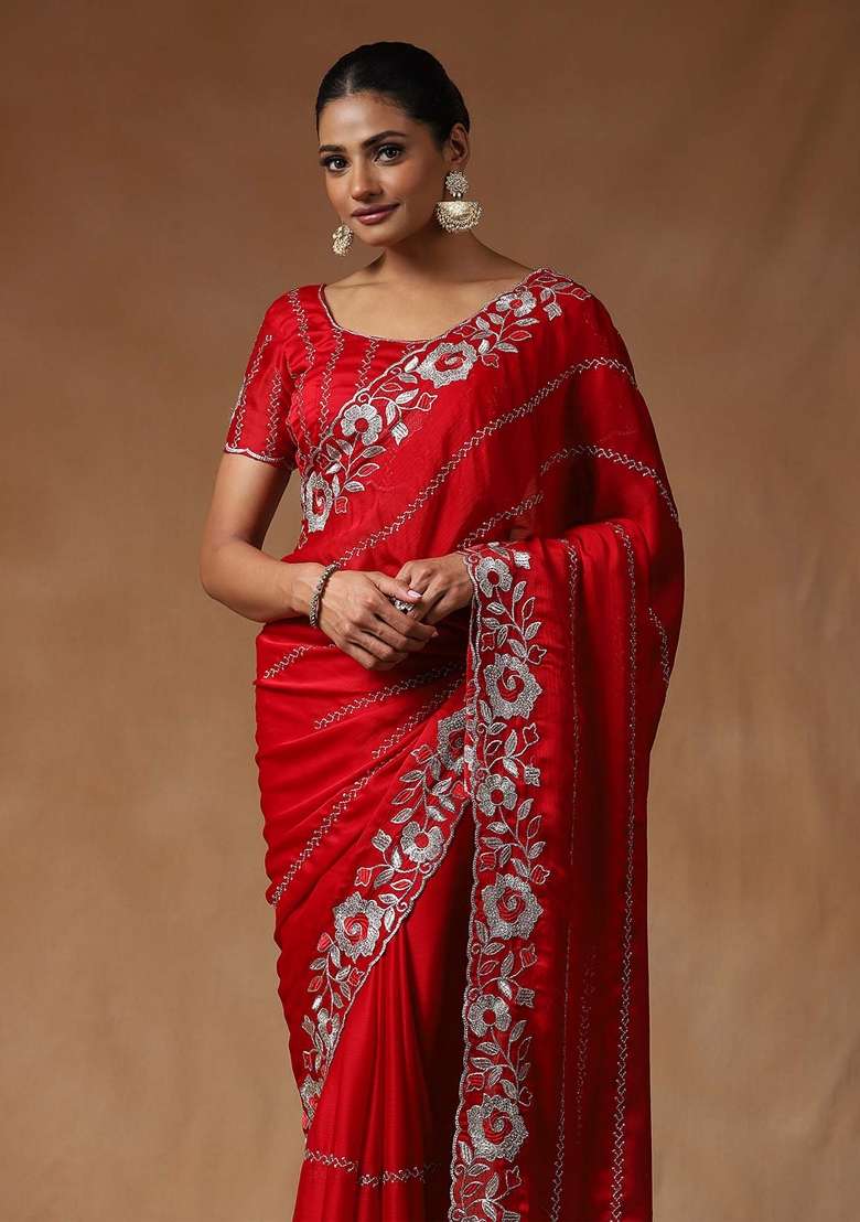 Red Blend Satin Silk Saree Set with Printed for Diwali | Wedding & Festive Wear - Indya