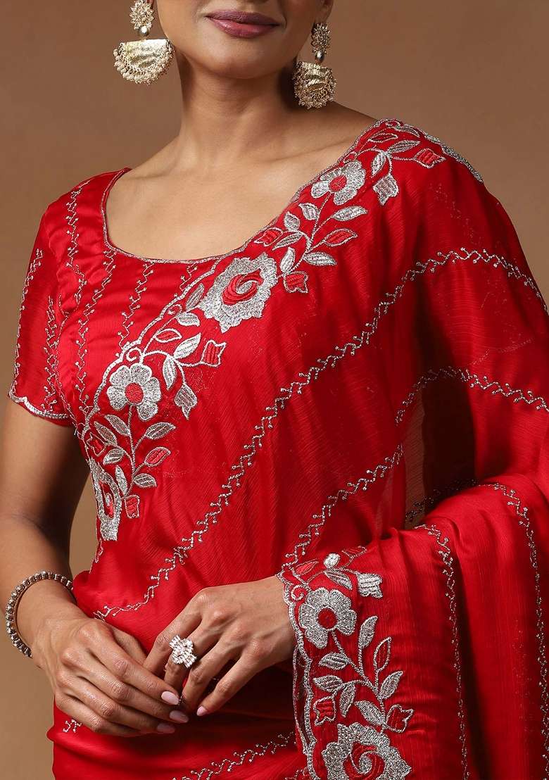 Red Blend Satin Silk Saree Set with Printed for Diwali | Wedding & Festive Wear - Indya