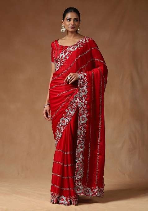 Red Blend Satin Silk Saree Set with Printed for Diwali | Wedding & Festive Wear
