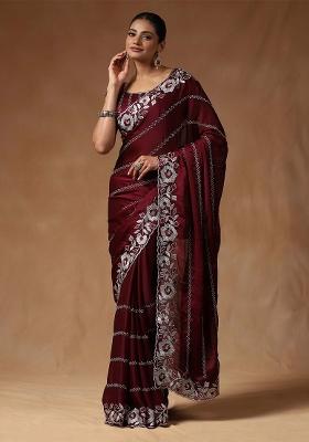 Burgundy Printed Satin Silk Blend Saree Set