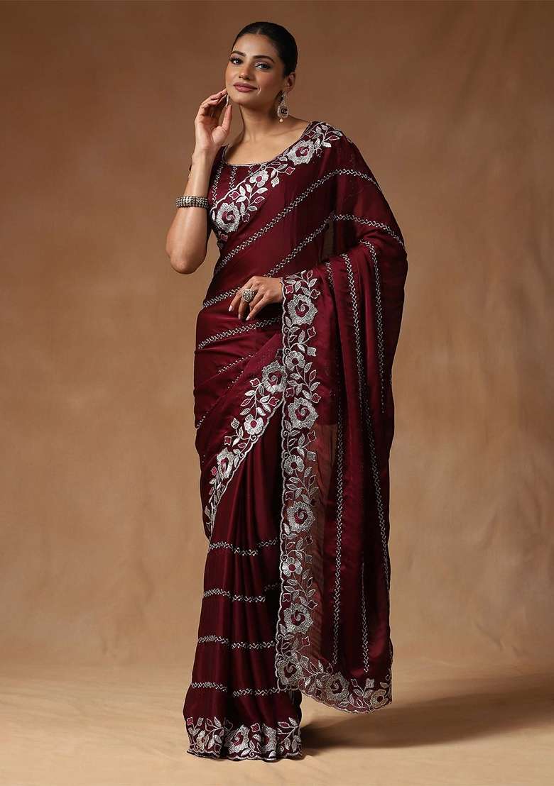 Burgundy Blend Satin Silk Saree Set with Printed for Diwali | Wedding & Festive Wear - Indya