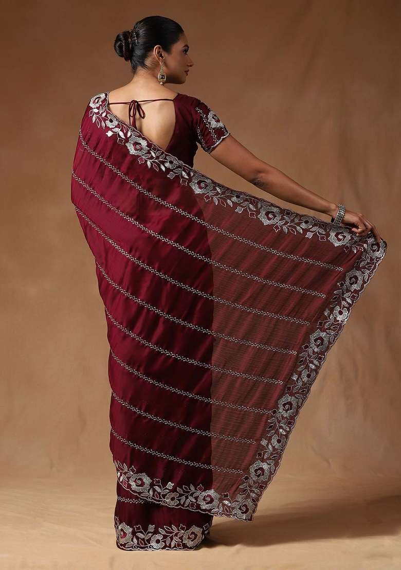 Burgundy Blend Satin Silk Saree Set with Printed for Diwali | Wedding & Festive Wear - Indya