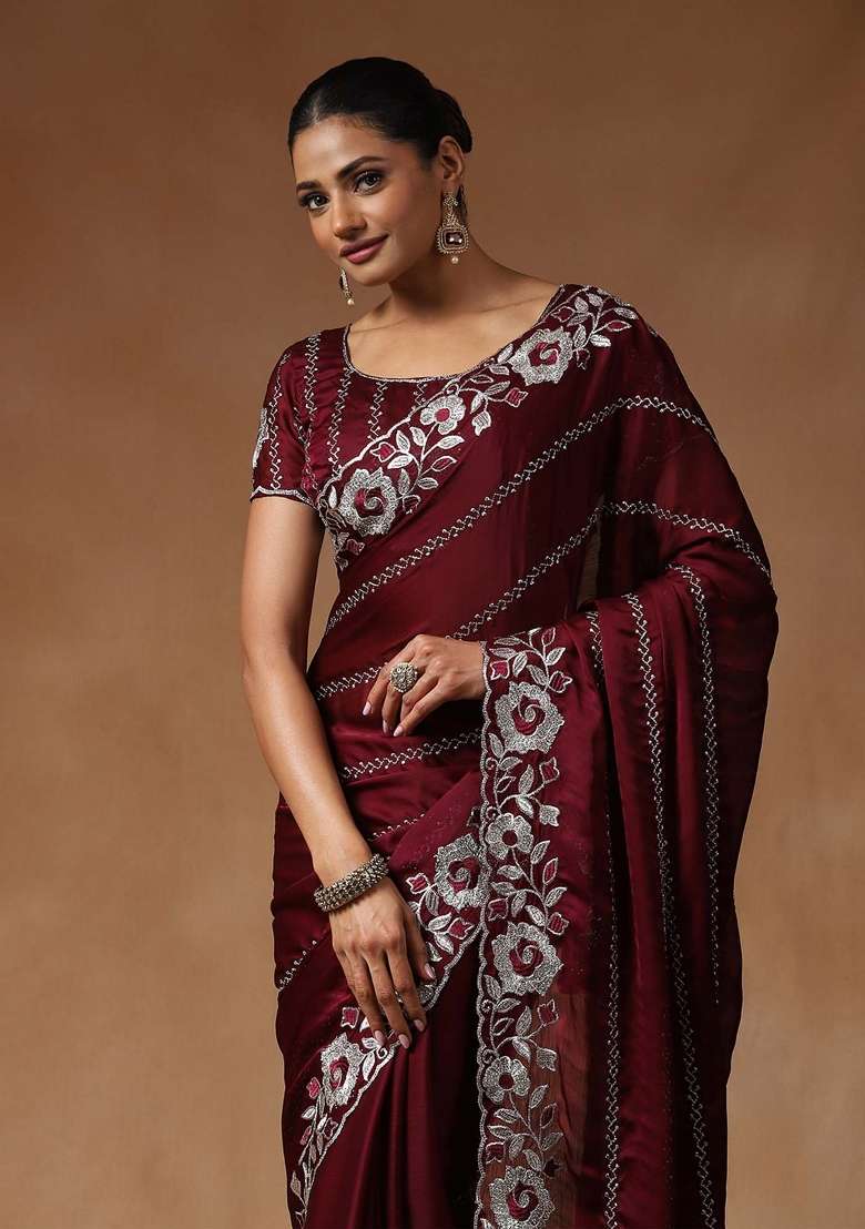 Burgundy Blend Satin Silk Saree Set with Printed for Diwali | Wedding & Festive Wear - Indya