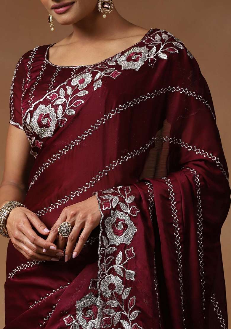 Burgundy Blend Satin Silk Saree Set with Printed for Diwali | Wedding & Festive Wear - Indya