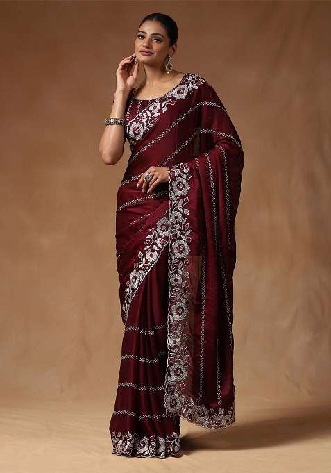 Burgundy Blend Satin Silk Saree Set with Printed for Diwali | Wedding & Festive Wear