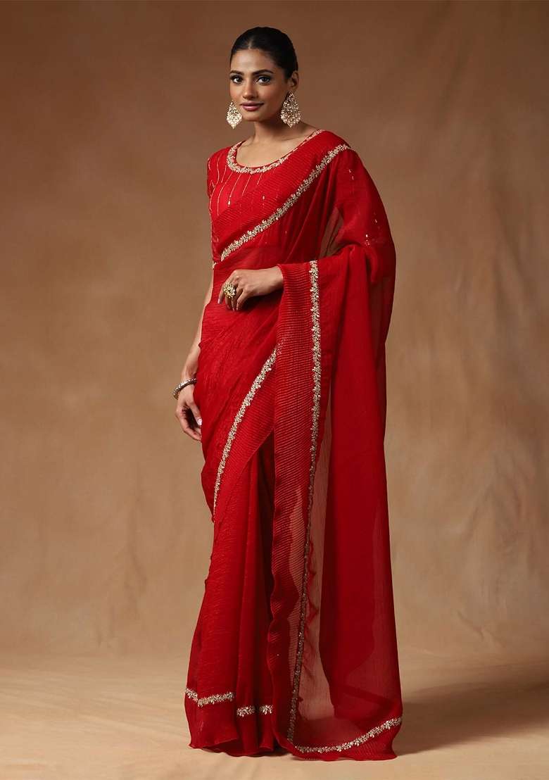 Red Printed Tissue Saree Set for Diwali and Festive Wear - Indya