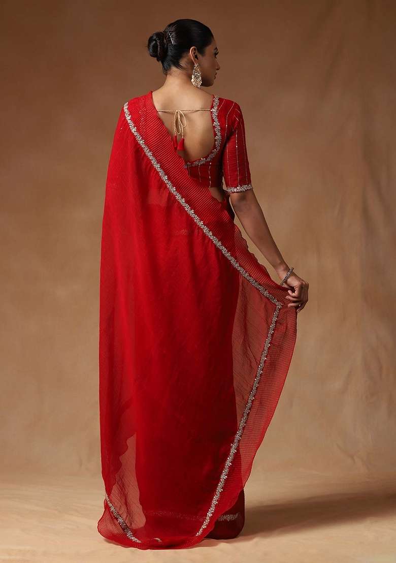 Red Printed Tissue Saree Set for Diwali and Festive Wear - Indya