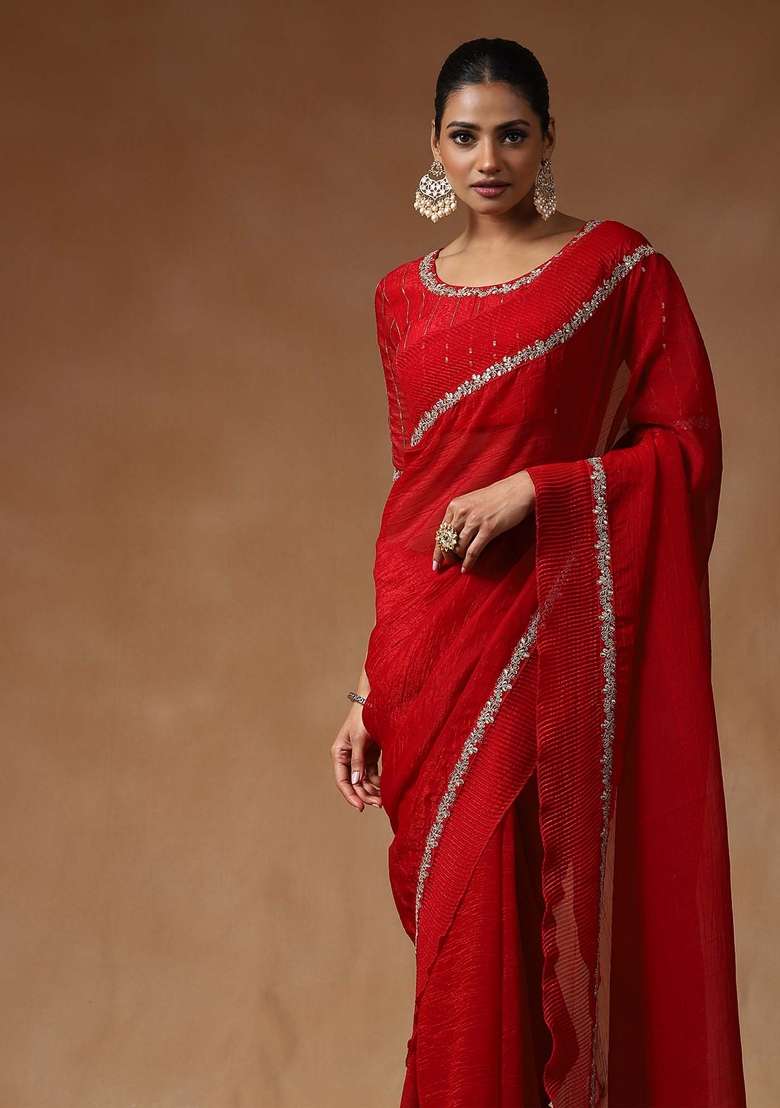 Red Printed Tissue Saree Set for Diwali and Festive Wear - Indya