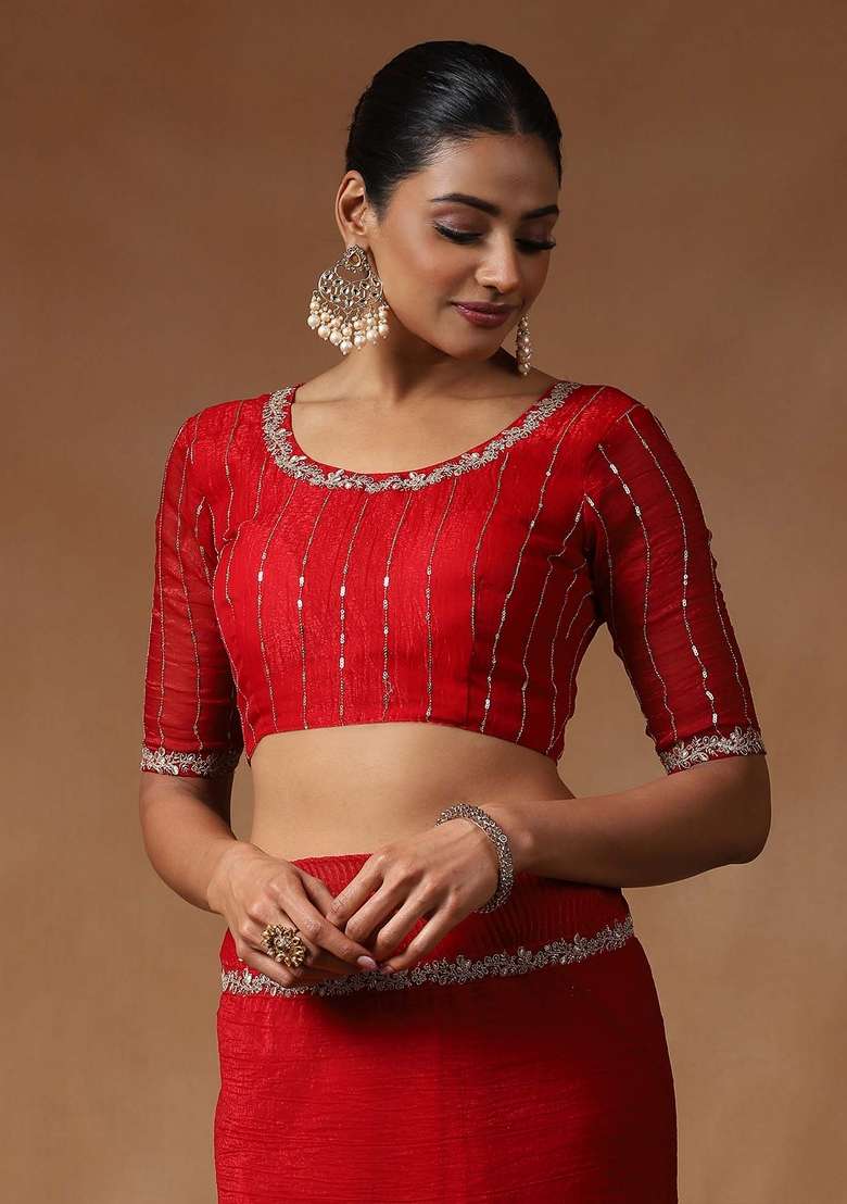 Red Printed Tissue Saree Set for Diwali and Festive Wear - Indya