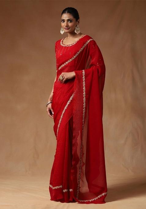 Red Printed Tissue Saree Set — view on Indya