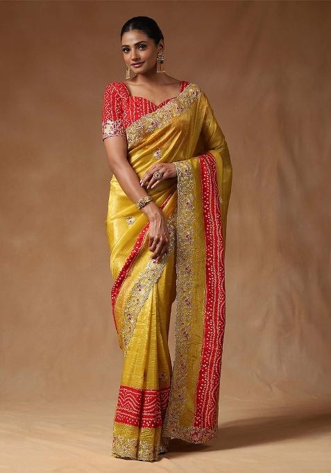 Yellow Printed Tissue Saree Set — view on Indya