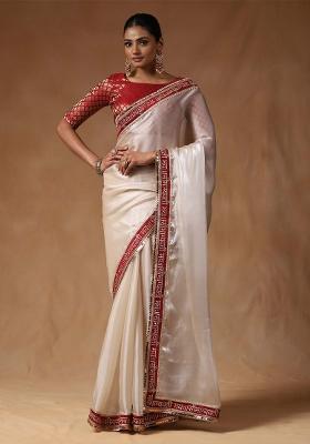 White Printed Tissue Saree Set