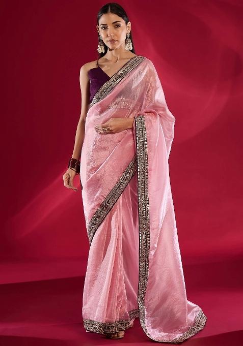 Pink Printed Tissue Saree Set — view on Indya