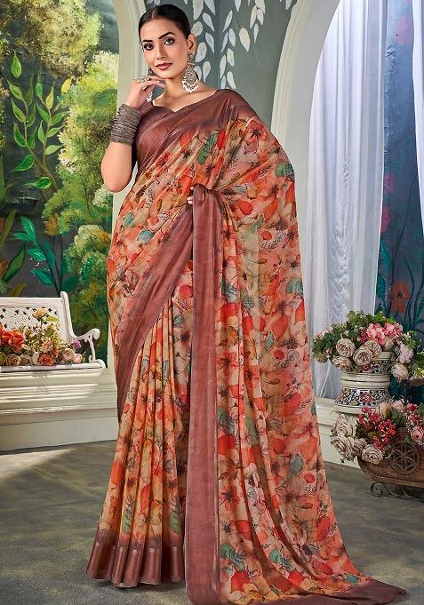 Orange Printed Chiffon Saree Set — view on Indya