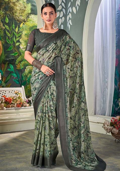 Sea Green Printed Chiffon Saree Set — view on Indya