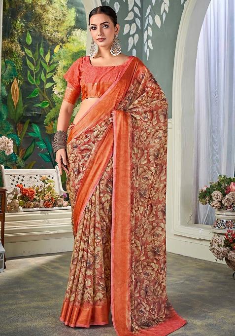 Pink Printed Chiffon Saree Set — view on Indya