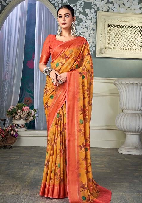 Yellow Printed Chiffon Saree Set — view on Indya