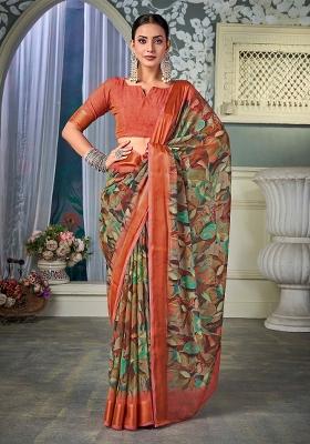 Beige Printed Chiffon Saree Set
