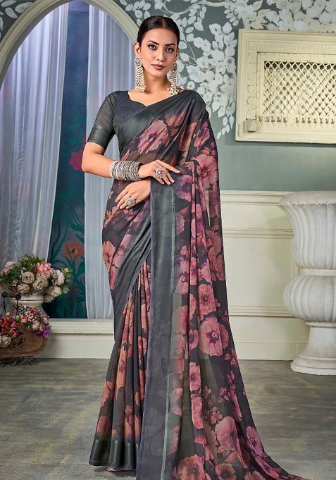 Grey Printed Chiffon Saree Set — view on Indya