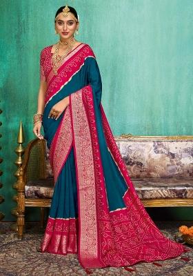 Teal Blue Printed Tussar Silk Saree Set
