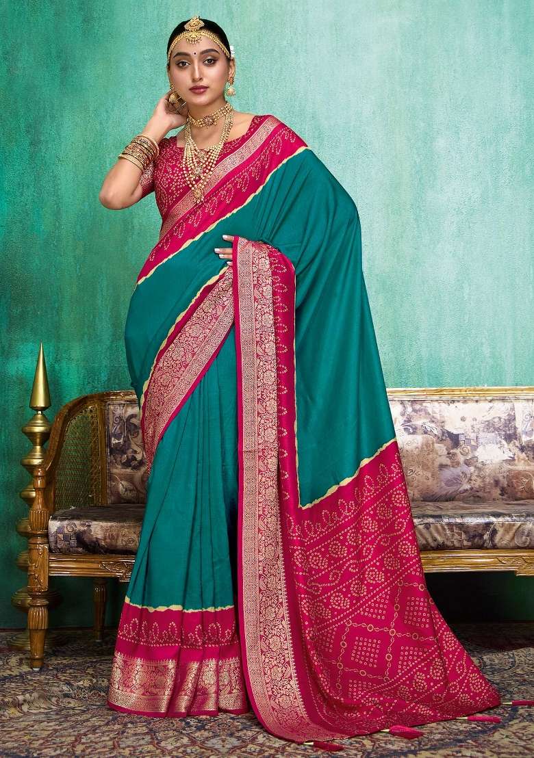 Teal Green Printed Tussar Silk Saree Set - Indya