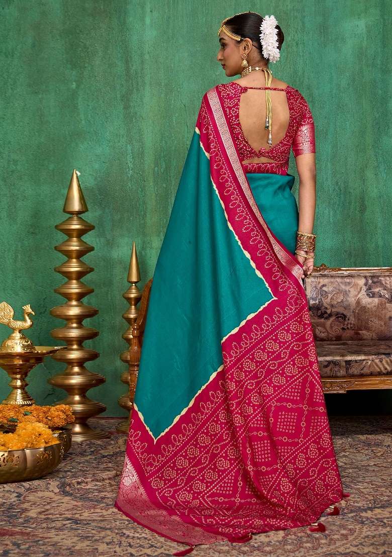 Teal Green Printed Tussar Silk Saree Set - Indya