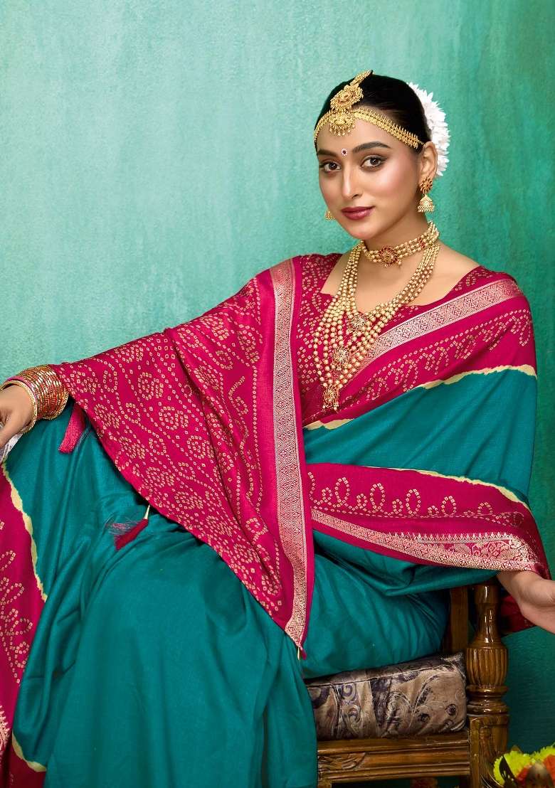Teal Green Printed Tussar Silk Saree Set - Indya