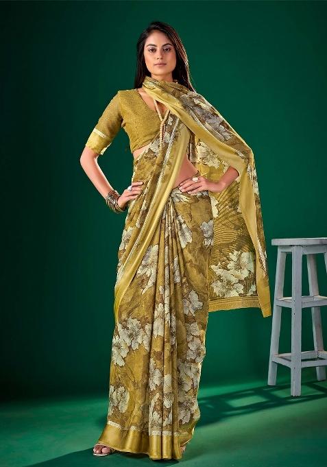 Mustard Printed Chiffon Saree Set