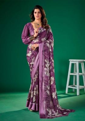 Purple Printed Chiffon Saree Set