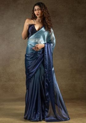 Light Blue Printed Satin Silk Saree Set