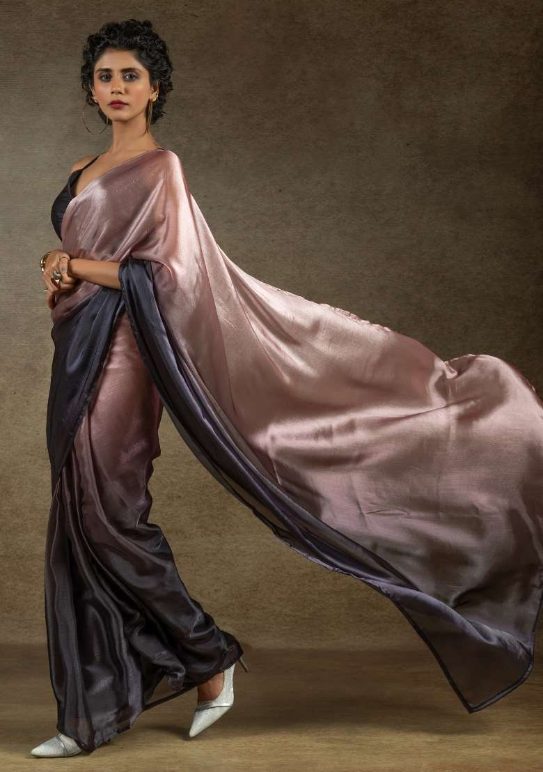 Peach Printed Satin Silk Blend Saree Set - Indya