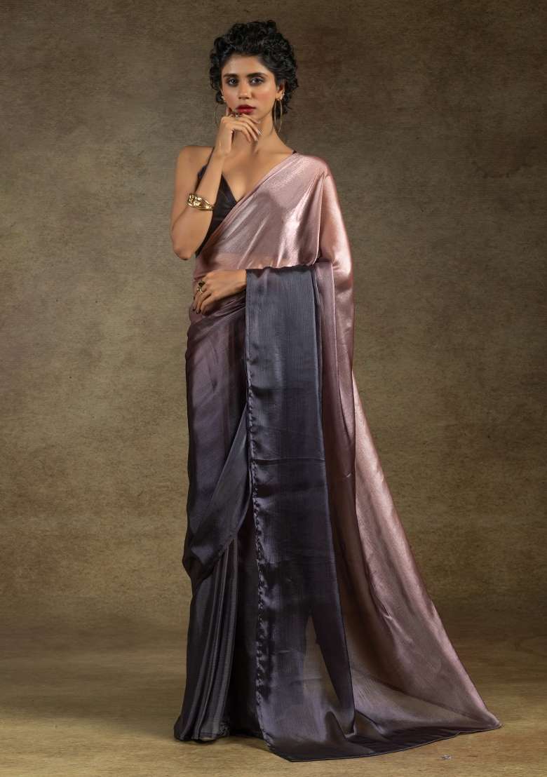 Peach Printed Satin Silk Blend Saree Set - Indya