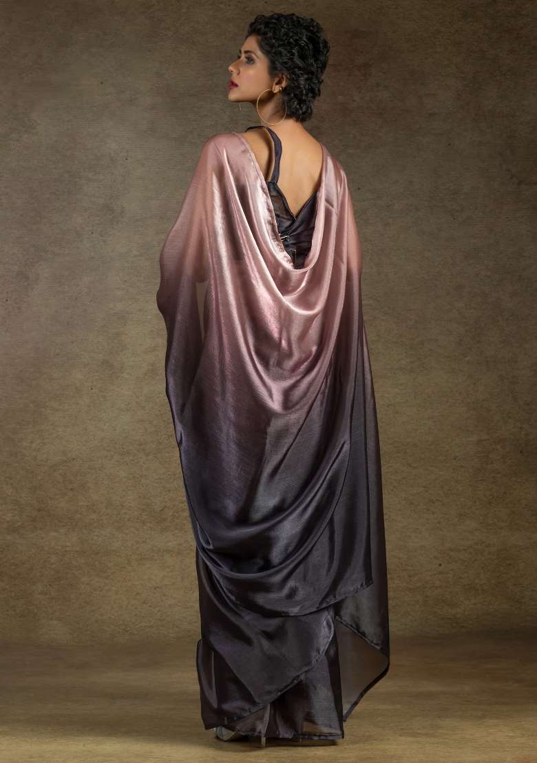Peach Printed Satin Silk Blend Saree Set - Indya