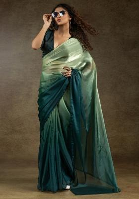 Light Green Printed Satin Silk Blend Saree Set