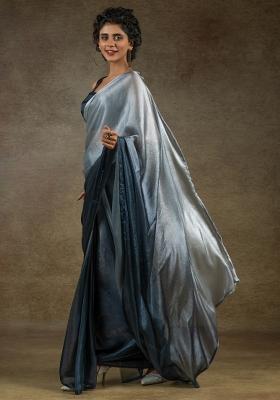 Grey Printed Satin Silk Saree Set