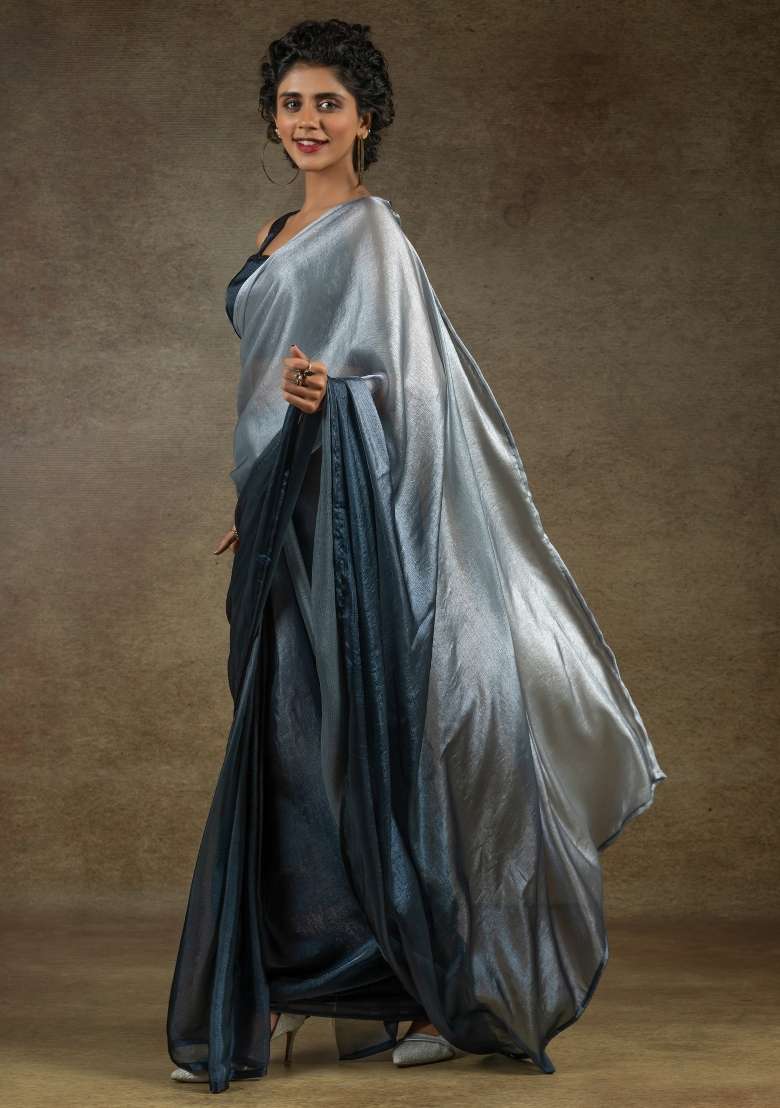Grey Printed Satin Silk Blend Saree Set - Indya