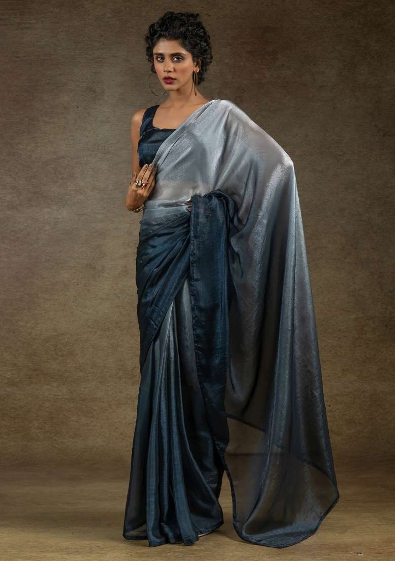 Grey Printed Satin Silk Blend Saree Set - Indya