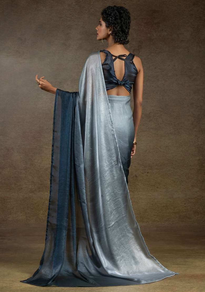 Grey Printed Satin Silk Blend Saree Set - Indya