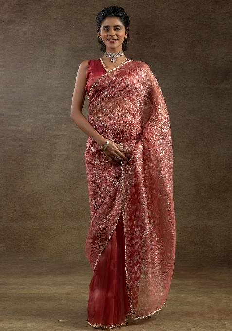 Pink Printed Organza Saree Set