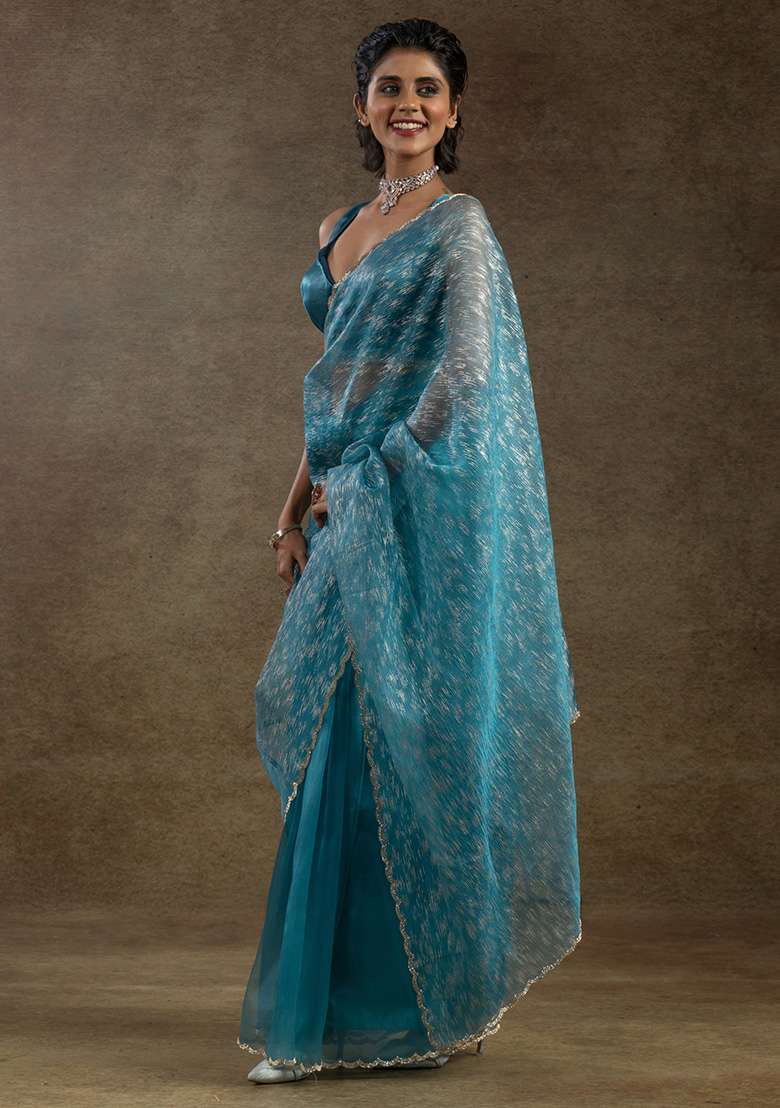 Light Blue Printed Organza Saree Set - Indya