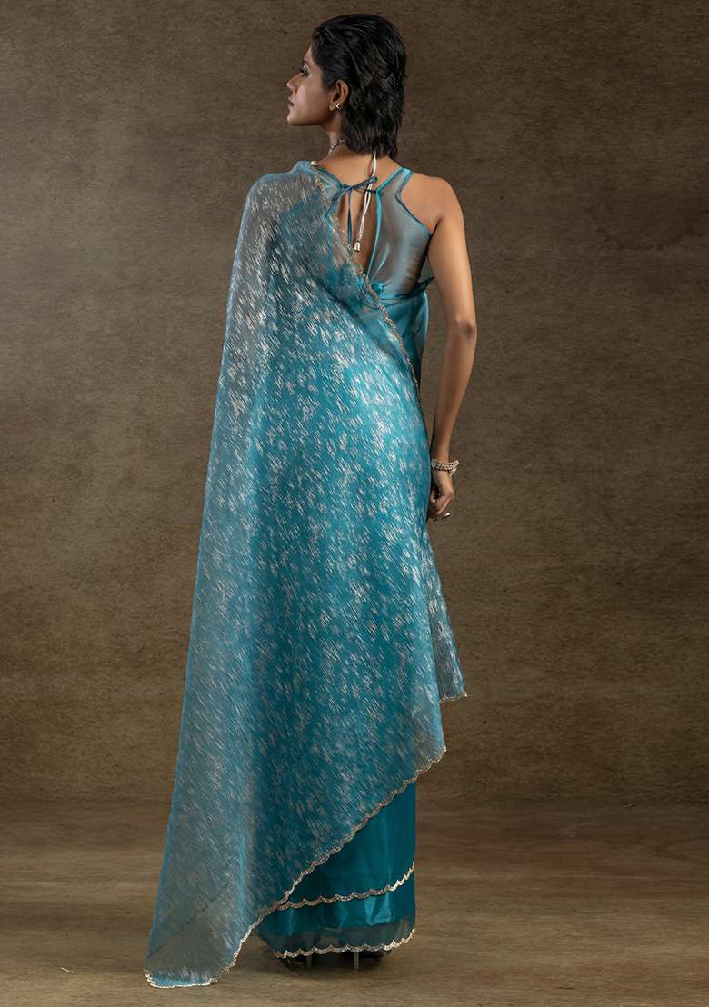 Light Blue Printed Organza Saree Set - Indya