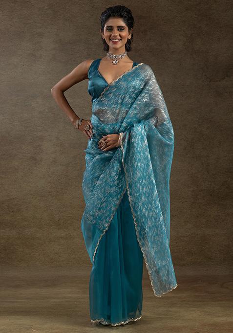 Light Blue Printed Organza Saree Set — view on Indya