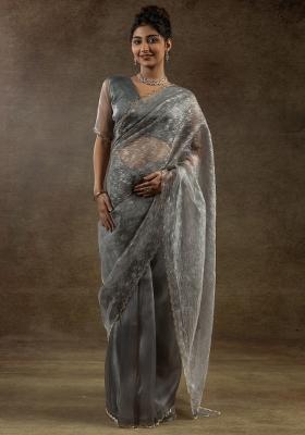 Grey Printed Organza Saree Set
