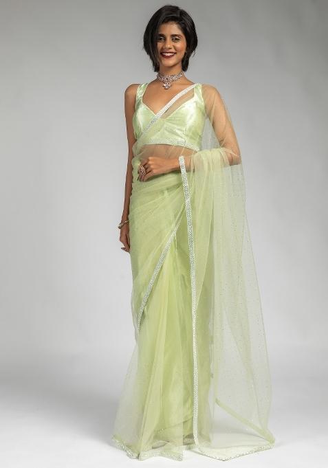 Light Green Printed Net Saree Set — view on Indya