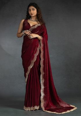 Maroon Printed Satin Silk Blend Saree Set