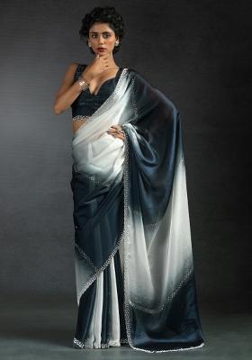 Grey Printed Satin Silk Saree Set
