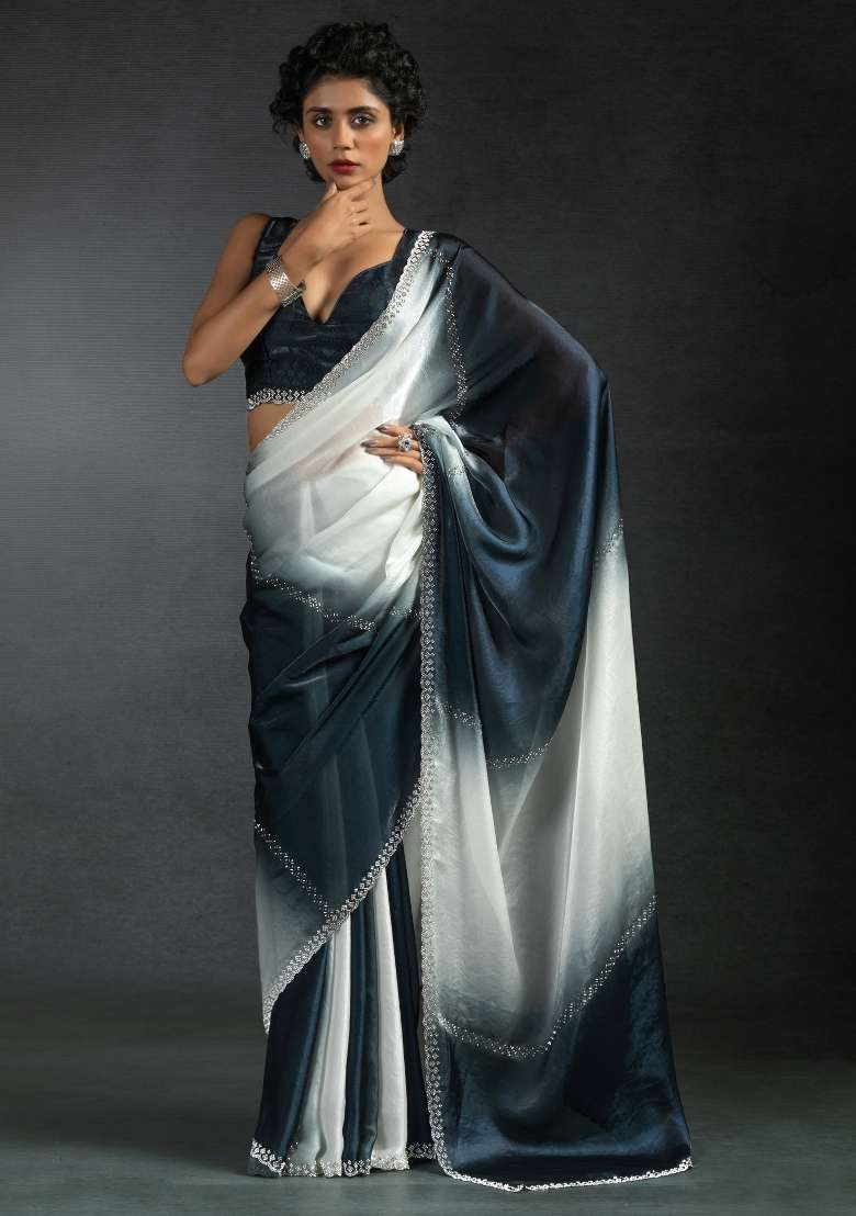 Grey Printed Satin Silk Saree Set - Indya