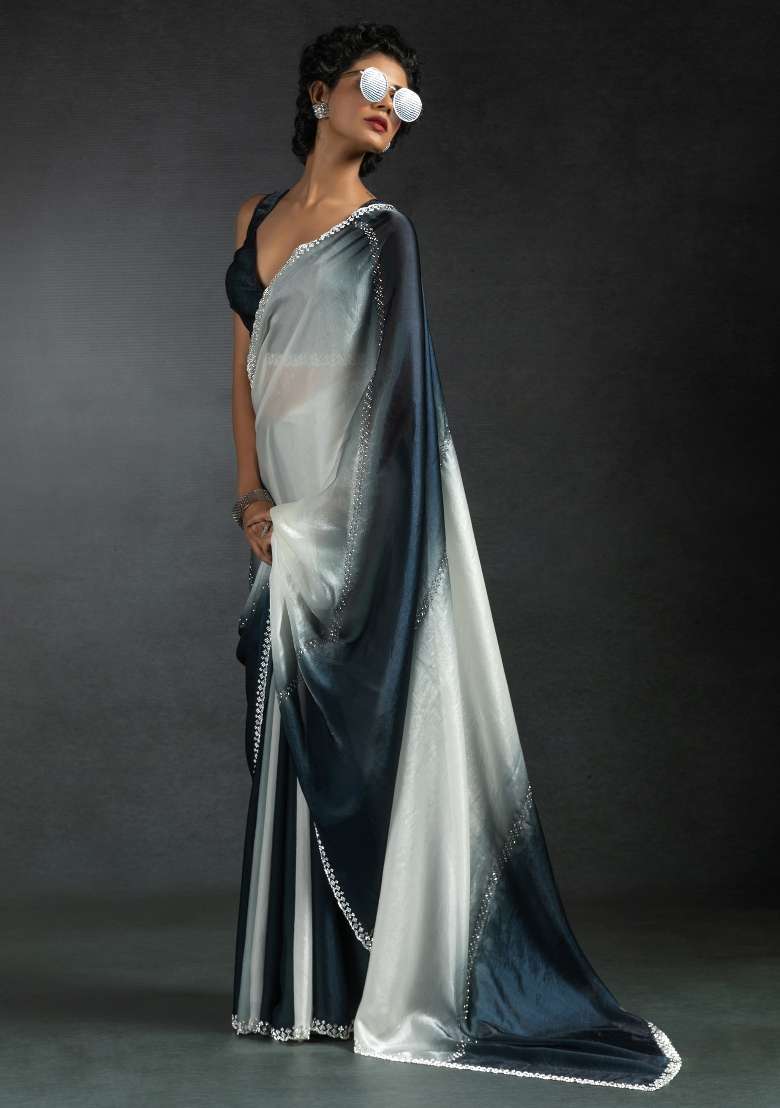 Grey Printed Satin Silk Saree Set - Indya