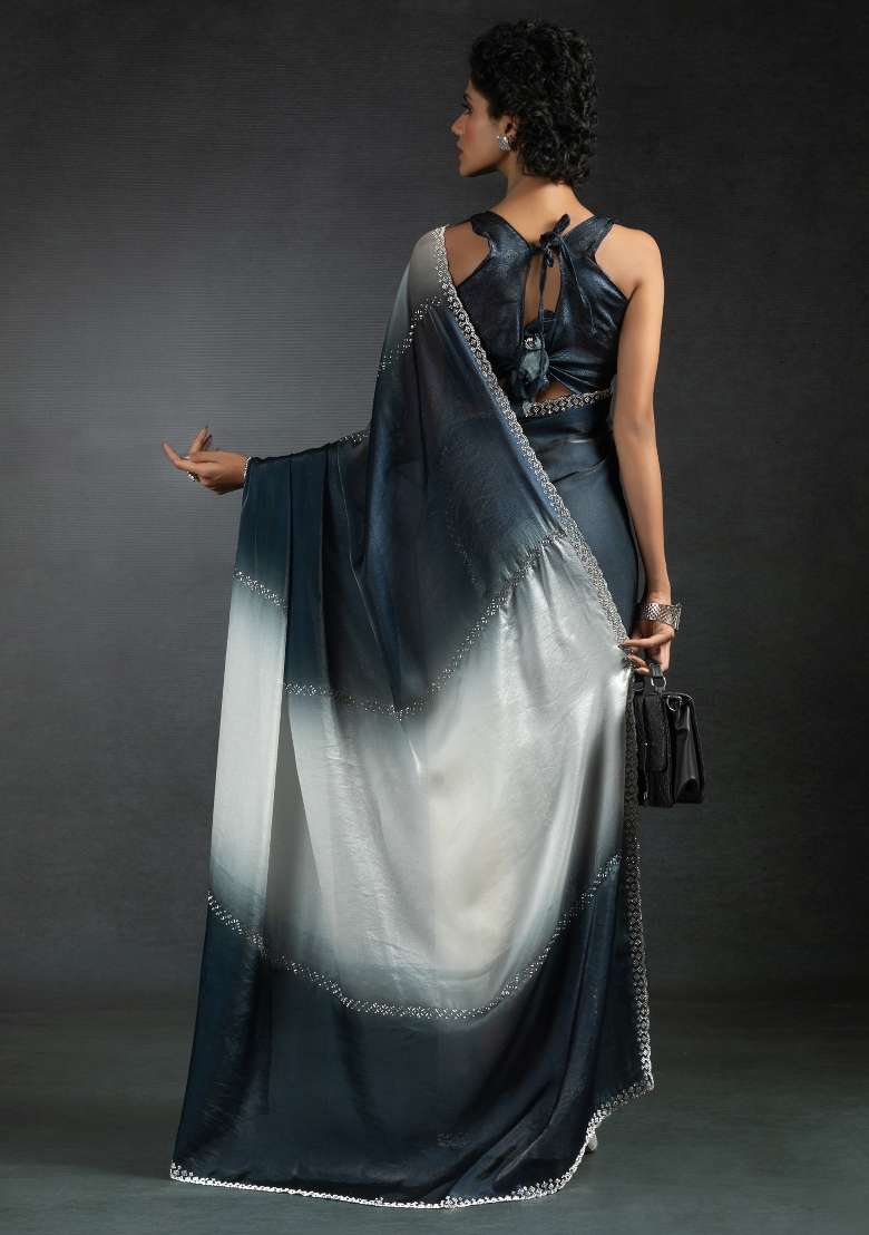 Grey Printed Satin Silk Saree Set - Indya