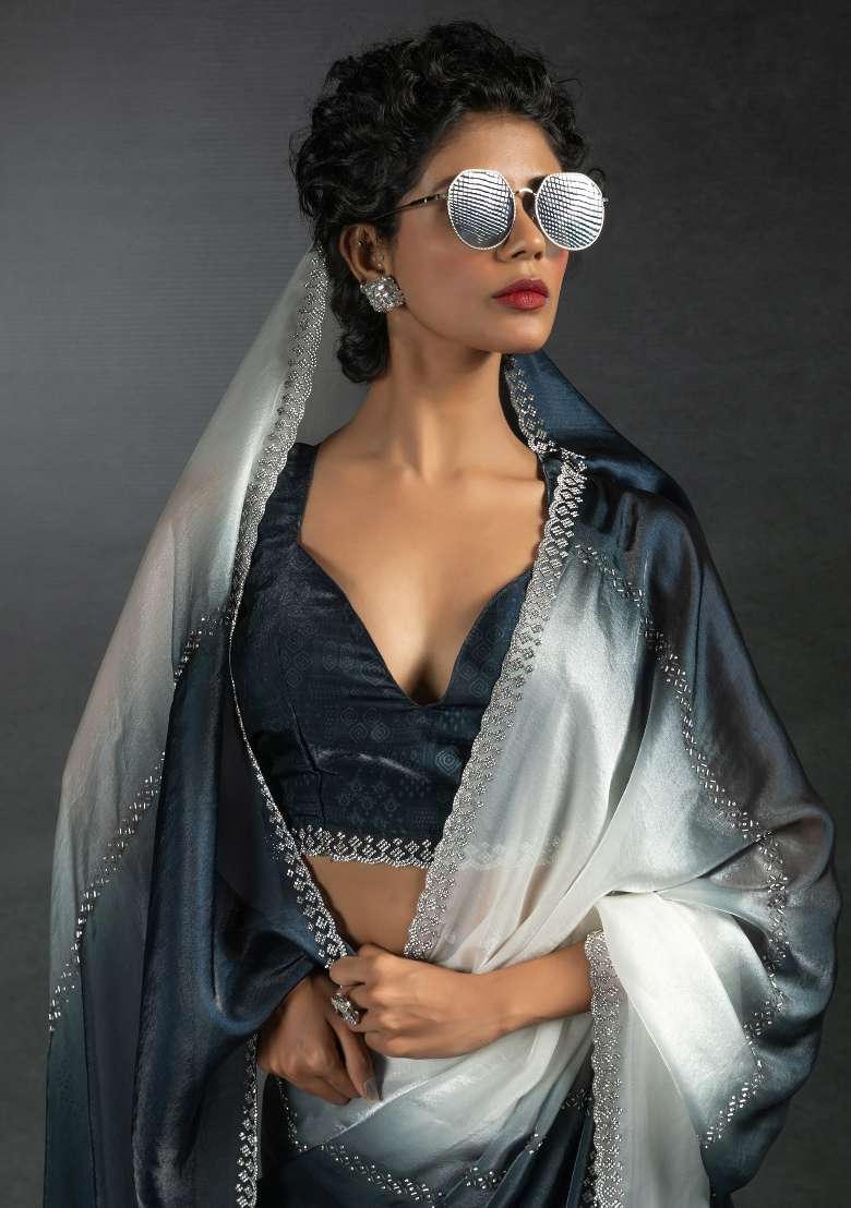 Grey Printed Satin Silk Saree Set - Indya